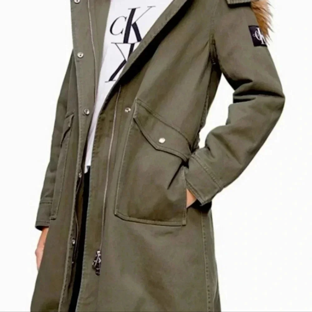 NWT Calvin Klein Women's Green & Leopard Print Parka Size Medium